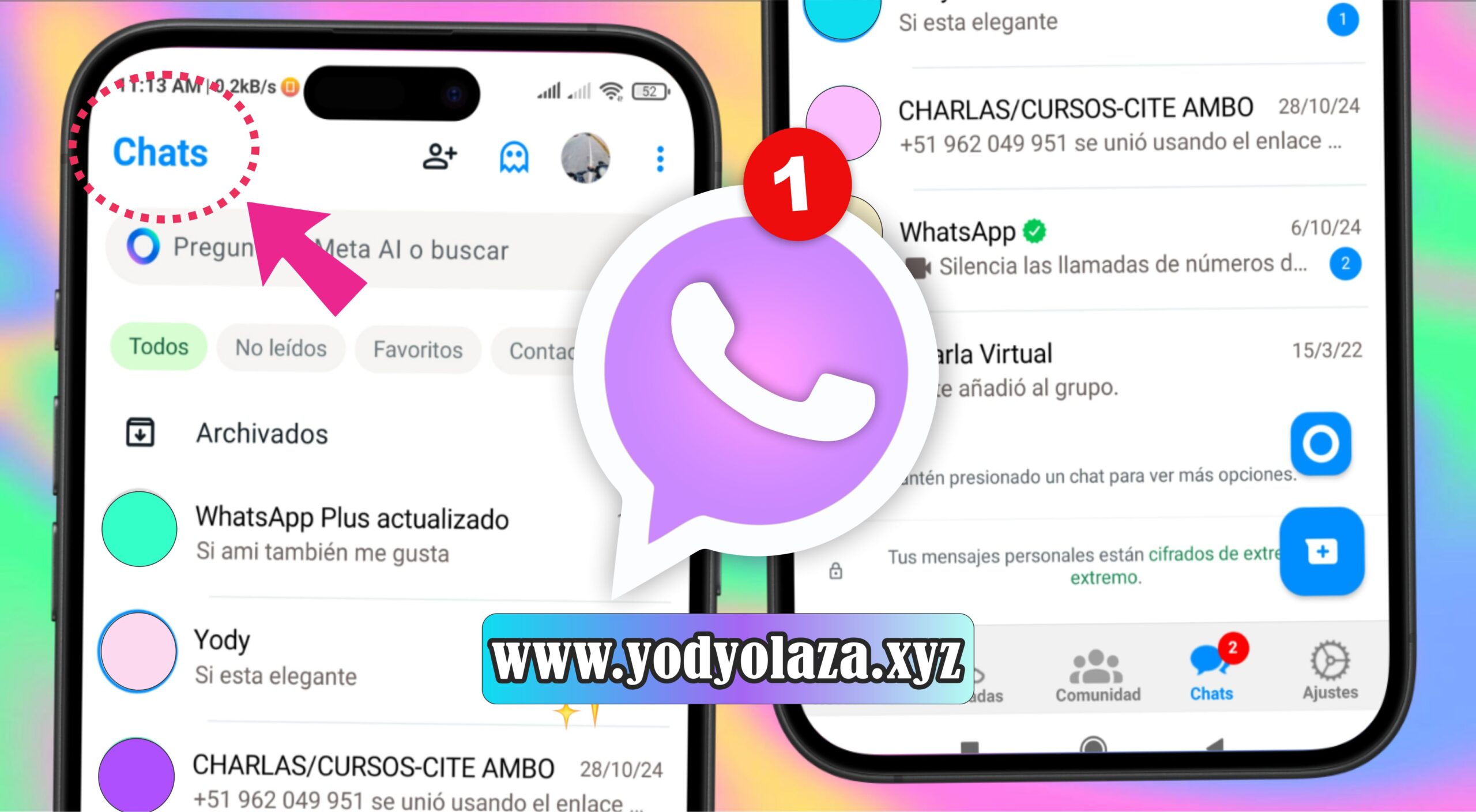 Comparativa de todos los colores de WhatsApp Plus 2026 — verde, azul, rosado, rojo, amarillo, morado